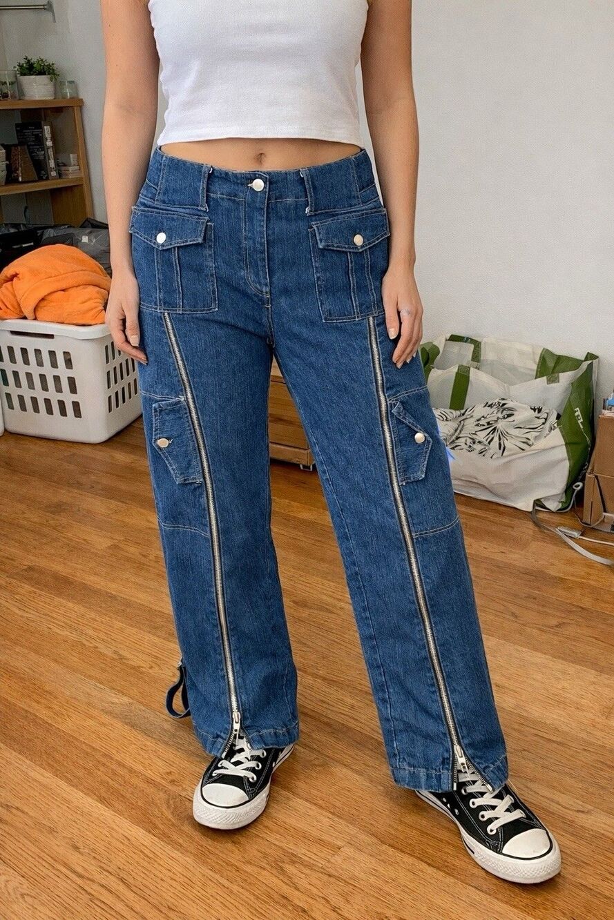 High Rise Wide Leg Cargo Jeans Y2K Inspired Zip Front Utility Denim Streetwear